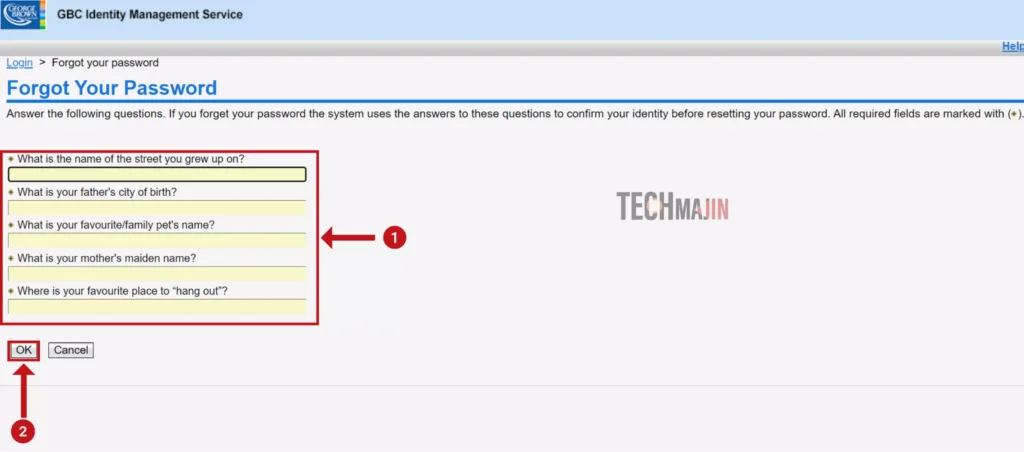 Answer the security questions and click on ok to reset your blackboard GBC password