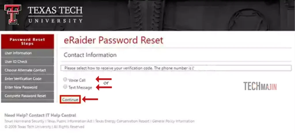 Choose between receiving a verification code via voice call or text message and click on continue