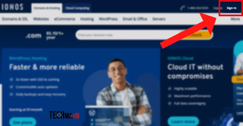 Click on the ‘Sign in’ button in the top-right corner on ionos login page