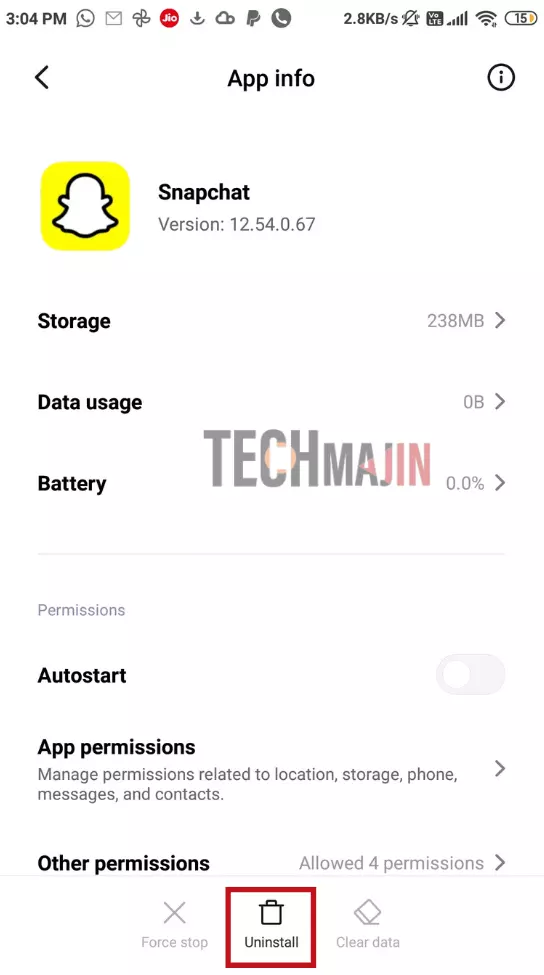 Click on uninstall to delete snapchat app