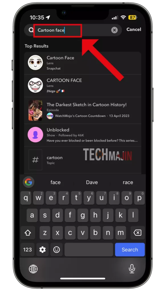 In the search bar, type Cartoon Face to find a selection of lenses that transform your face into a cartoon