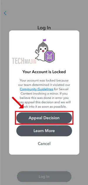 Your Account is Locked” message, tap “Appeal Decision”