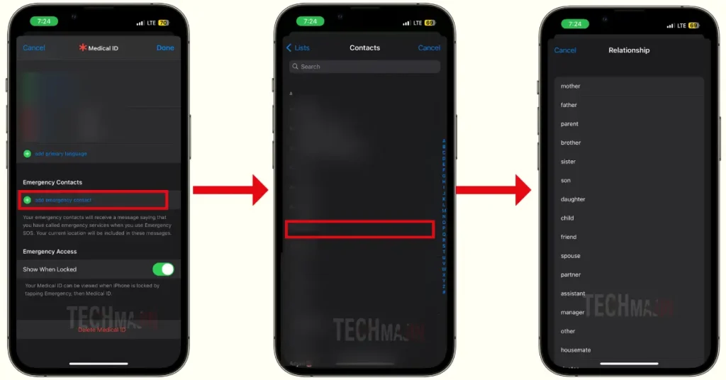 add emergency contacts to medical id and Specify Relationship