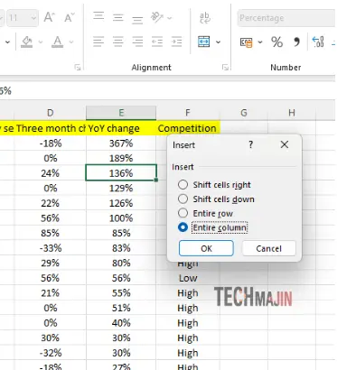 choose entire column option and click on ok button