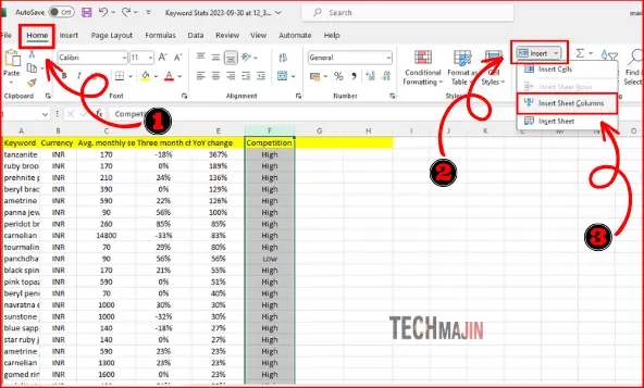 go to home tab then navigate insert and select insert sheet columns