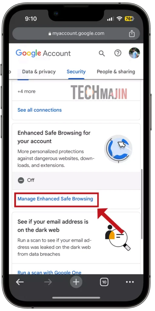 scroll left and select security and then scroll down to enhanced safe browsing