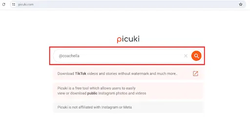 search by username or hashtag in picuki