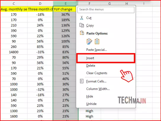 select a column right click and choose insert button