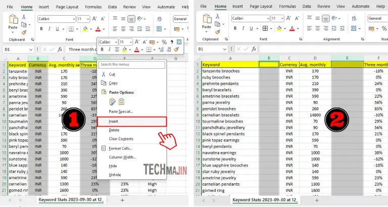 select non adjacent columns right click and choose insert option